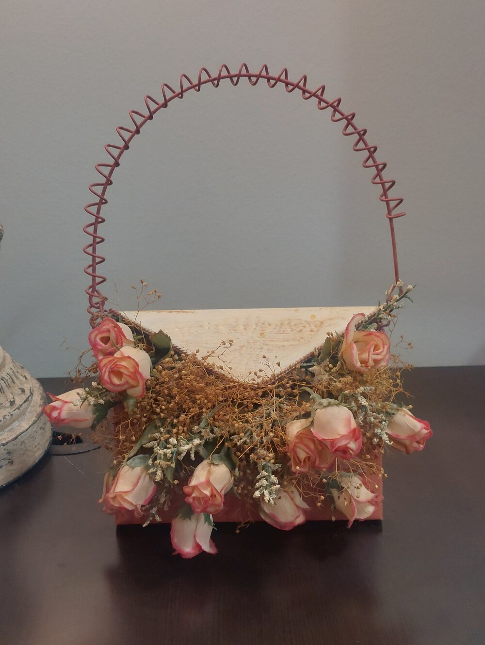 Vintage Dried Flowers Roses Wall Hanging Decor Pocket 10x6x4 Pink Cottagecore